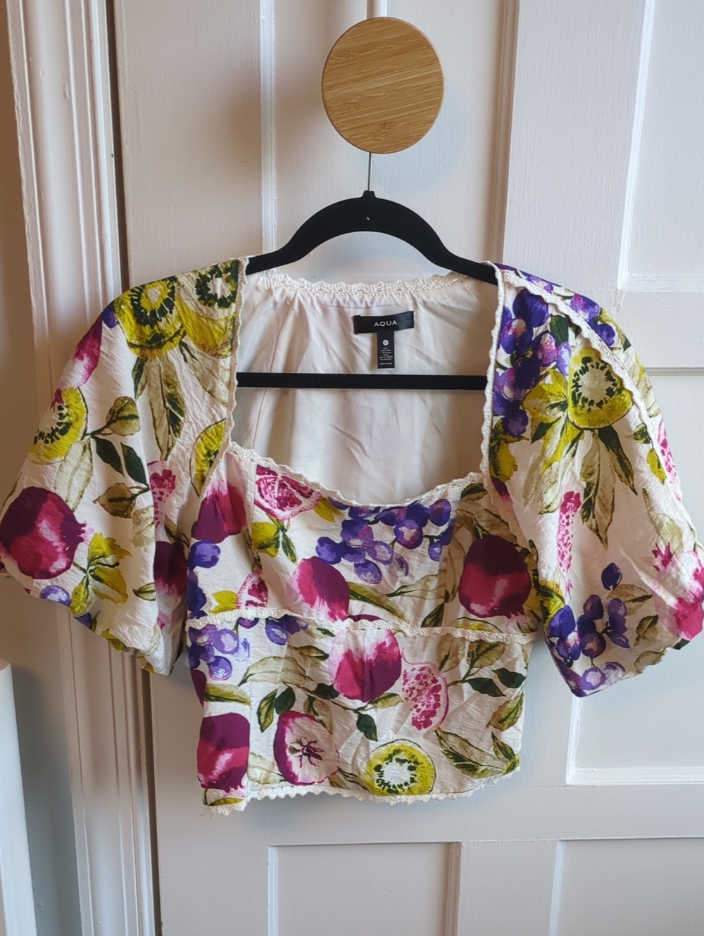 Aqua White Floral Puff Sleeve Crop Top